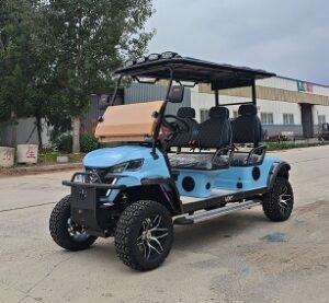 Blue 4 Seater Electric Golf Cart with Side Steps and LED Spotlights