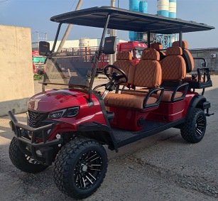 Red 4+2 Seater Electric Golf Cart with Premium Brown Seats